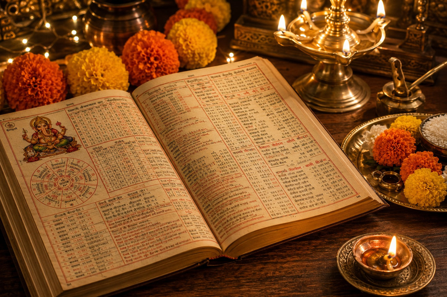 Traditional panchang almanac with auspicious Griha Pravesh muhurat timings for 2026 with marigold and lamp