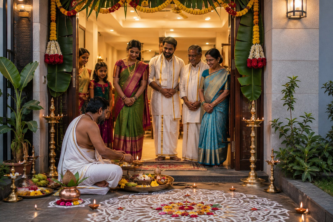 Traditional Hindu Griha Pravesh housewarming ceremony with torana and priest performing puja