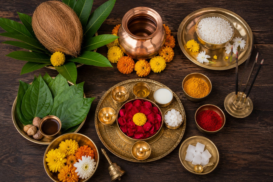 Traditional Hindu Griha Pravesh puja samagri items including mango leaves, coconut, kumkum, copper kalash and marigold flowers