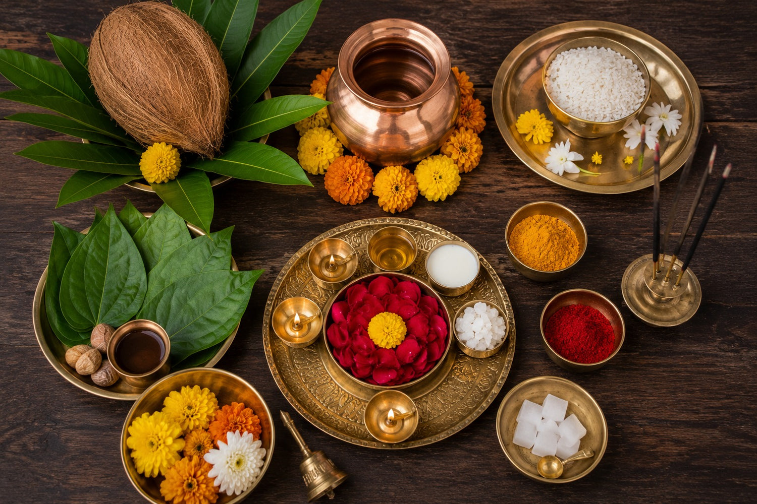 Traditional Hindu Griha Pravesh puja samagri items including mango leaves, coconut, kumkum, copper kalash and marigold flowers