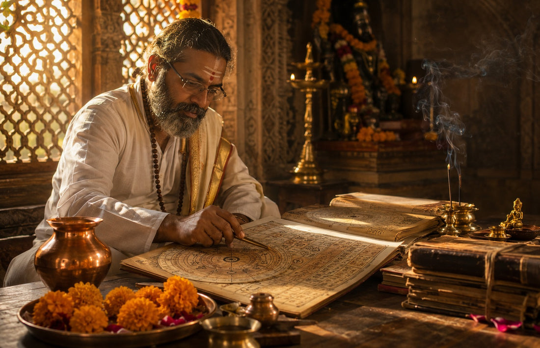 Vedic astrologer pandit consulting traditional almanac for auspicious Rudrabhishek muhurat timings