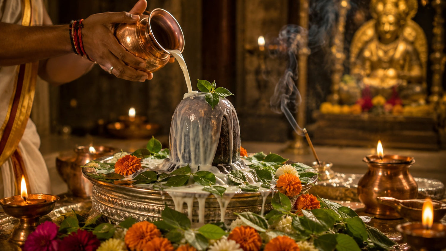 Rudrabhishek Puja — Sacred Shiva lingam ceremony with milk, flowers and diyas
