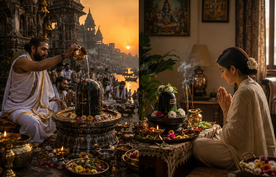 Rudrabhishek ceremony at Kashi temple ghats compared to home Shiva puja setup