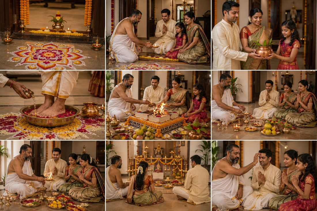Step-by-step Griha Pravesh ceremony with Hindu priest guiding family through rituals at decorated home entrance