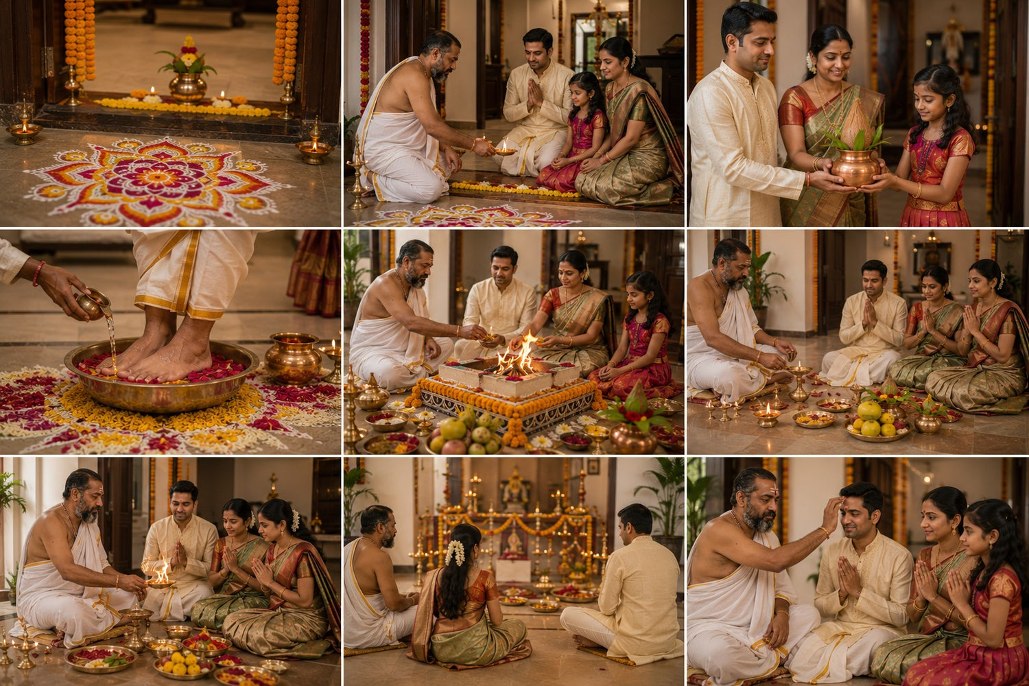 Step-by-step Griha Pravesh ceremony with Hindu priest guiding family through rituals at decorated home entrance