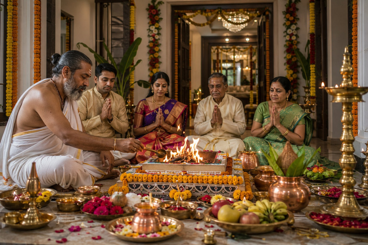 Hindu priest performing Vastu Shanti puja versus Griha Pravesh ceremony with sacred fire and copper vessels